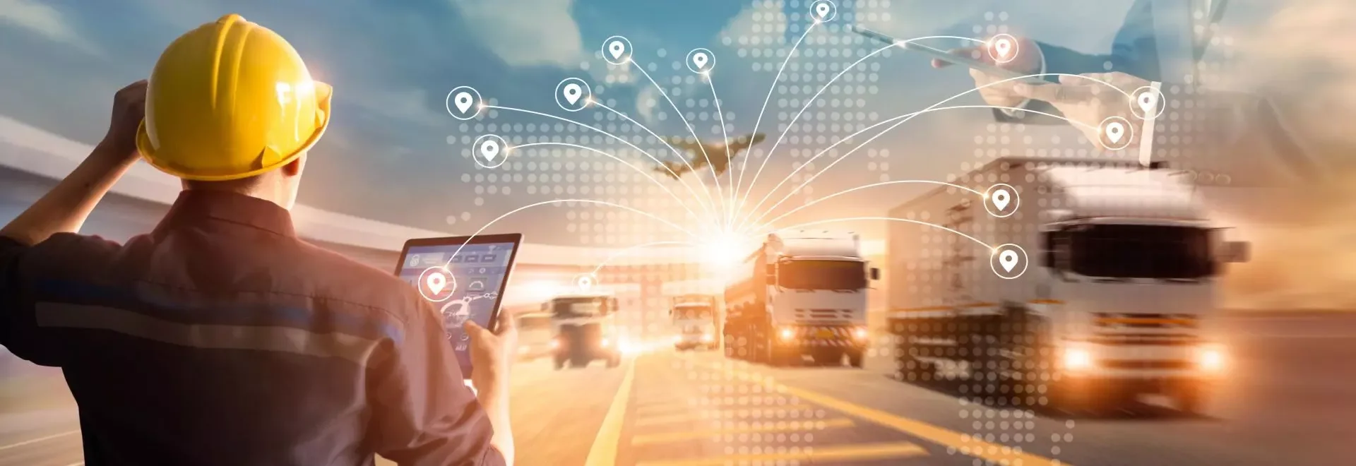 Soluciones logísticas con camiones, almacenes y operaciones modernas